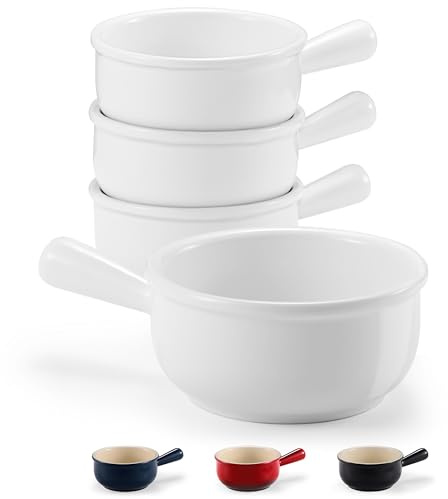 KooK French Onion Soup Bowls, French Onion Soup Crocks, Soup Bowl with Handles, 15 oz, Set of 4, Ceramic Bowls, Microwave, Dishwasher Safe & Oven safe, Stoneware,(White)