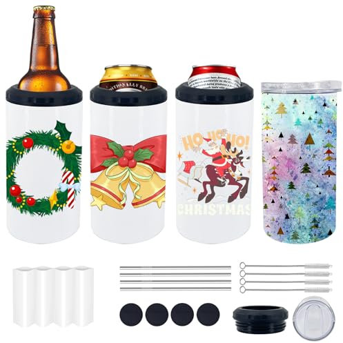 ZREGGUR Paquete de 4 enfriadores de latas 4 en 1 de 16 onzas con popote de metal, cepillo para popote, envoltura retráctil, posavasos antideslizante, tapa, latas de cerveza estándar en caja