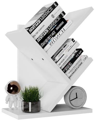 YMYNY Bücherregal im Baumform, 2 Ebenen Schreibtisch-Organizer, Modernes Holzregal für Bücher/Filme/CDs, Schmaler Display Ständer für Schlafzimmer, Home Office, Weiß HBC012W