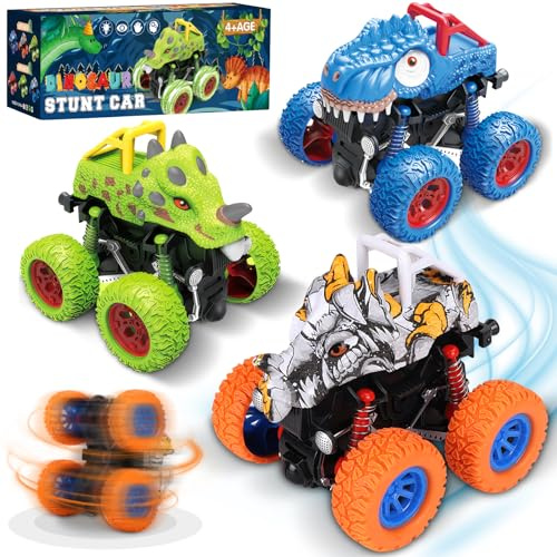 POWZOO Monster Truck,3 Piezas Dinosaurios Inertia Tire hacia Atrás del Coche, 360 Grados giratorios,Camión Todoterreno,Coches de Juguetes,Regalos para niños niños a Partir de 3-10 años.