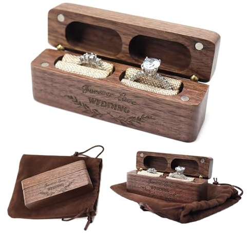 NIYATA Ringbox Hochzeit,Ringkissen Holz,Nussbaumholz Ringbox,Ringkästchen Schmuck Ringschatulle,mit Aufbewahrungstasche für Einweihungsparty,Hochzeitstag,Weihnachten,Thanksgiving