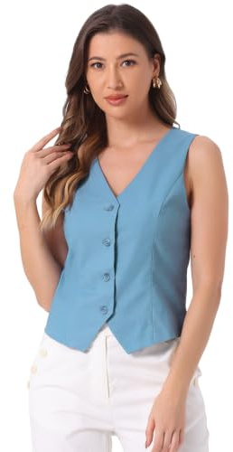 Allegra K Women V Neck Button Down Summer Cotton Linen Vest Tops