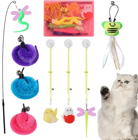 Juguete de plumas de gato, varita retráctil interactiva, 13.7 x 5.9 pulgadas, 9 teasers de repuesto, hierba gatera de campana, suministros para mascotas de interior para juegos de ejercicio, gatitos