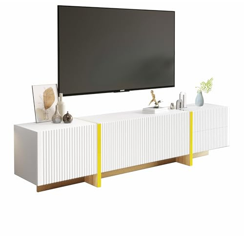 LERFAN TV-skåp underhållningscenterkonsol, 3 dörrar, 2 lådor, vit med guld och träkorn 190 x 35 x 45 (B x D x H) cm