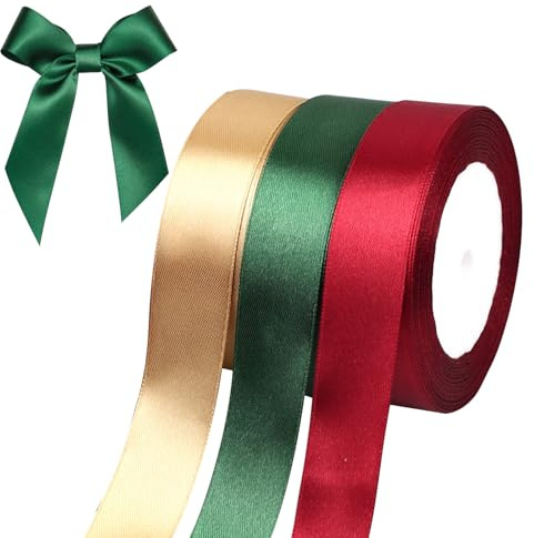 3Pcs Christmas Ribbons Set 66m Gift Ribbon Reusable 20mm x 22m Polyester Ribbon for Gift Wrapping, DIY Crafts Christmas Tree Decoration(Red, Green, Gold)