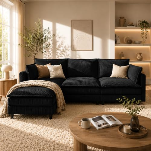 APICIZON Hörnsoffa med sovfunktion, L-form soffa 3-sits, 275 cm längd, vardagsrum soffa med manchesteröverdrag, stor soffa med 3 ryggstöd och 2 kuddar och 1 ottoman, sidomagasinförvaringsväska, svart