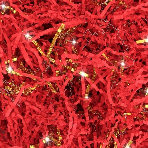 Wanciler 100g Red and Gold Shredded Crinkle ZigZag Kraft Paper Shredded Tissue Paper for Gift Boxes Festive Hamper Filling Basket Raffia Grass Stuffing Suitable for Valentine's Day Birthday Wedding