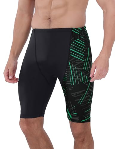 APTRO Mens Swim Jammer Endurance Swimsuit Mens Swimming Trunks Chlorine Resistant Training Swimwear Green Stripe L