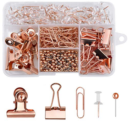 NATUCE 500PCS Rose Gold Büromaterial Set,100Pcs Push Pins +300Pcs 4mm Karte Nagel Pinnadeln +80Pcs Büroklammern+14Pcs Binder Clips+6Pcs Bulldogge Büroklammern für Büro, Schule und Heimbedarf