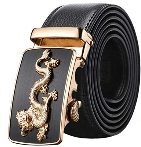 Gürtel Herren Leder Ratsche Automatik-Gürtel Mode chinesischer Drache Jugend Ledergürtel, Leder-Gürtel für Männer Jeansgürtel Business Anzug Canvas 35mm Breit,Schwarz (Golden, 125 CM)