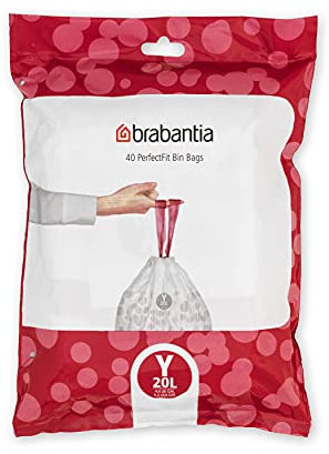 Brabantia 138263 PerfectFit Bin Liners (Size Y/20 Litre) Thick Plastic Trash Bags with Tie Tape Drawstring Handles (40 Bags), White