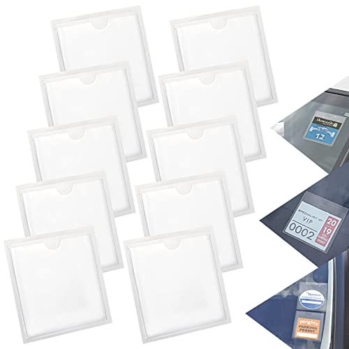 10 Pcs Car Permit Holder Car Tax Disc Holders Self Adhesive Parking Permit Holder with top open Clear Ticket Holder for Permits Badges Car Van Caravan Windscreen Photos Business Cards (4.13*4.13inch)