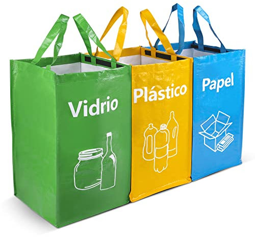 Opret Bolsas Basura Reciclaje 3 Piezas, 30L Cubos de Basura de Reciclaje Colores con Gran Capacidad Separadas con Asas, para Papelera/Vidrio/Plástico/Casa/Cocina