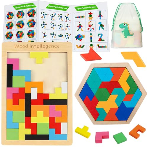 2Pcs Puzzle Tetris de Madera Tangram Jigsaw, Rompecabezas Madera Juego Educativo Puzzle Juguetes Juego de Cerebro Bloque de Construcción Inteligencia Regalo Educativo para Niños Mayores de 3 Años