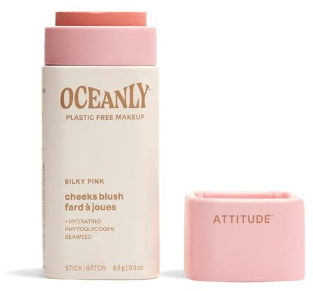 ATTITUDE Oceanly Plastic-Free Lightweight Blush Stick, Titanium Dioxide-Free, EWG Verified, Vegan Makeup, Silky Pink, 8.5 grams