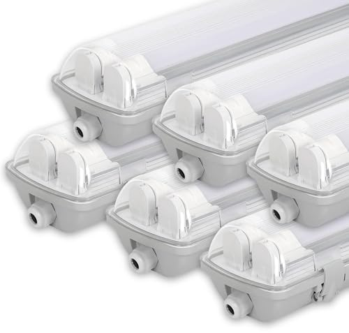 Sonnewelt Reglette LED garage 150cm Eclairage Led etanche 6 unités 24W 4800LM IP65 2xT8 Tube Reglette Led etanche,Blanc neutre 4000K Garage Atelier Plafonnier pour Atelier,Sous Sol,Bureau