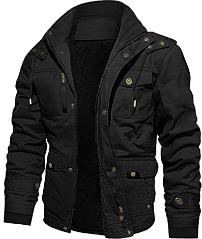 Veste Cargo Hommes Chaud Polaire Hoodies Veste d'hiver Militaire Doublure intérieure en polaire Veste demi-saison avec Capuche amovible Classique Retro Outdoor Blouson (Black, XXXXXL)