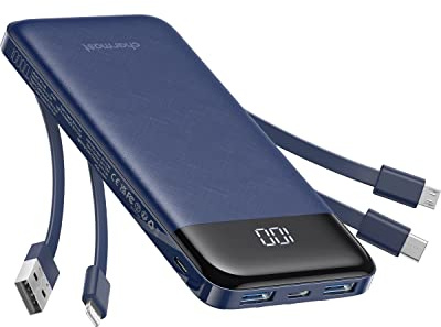 Charmast Power Bank 10000 mAh con Cables Integrados, Cargador portátil USB C 5 V/3 A Powerbank LED Display con 6 Salidas y 3 entradas para iPhone, Huawei, Xiaomi (Azul)