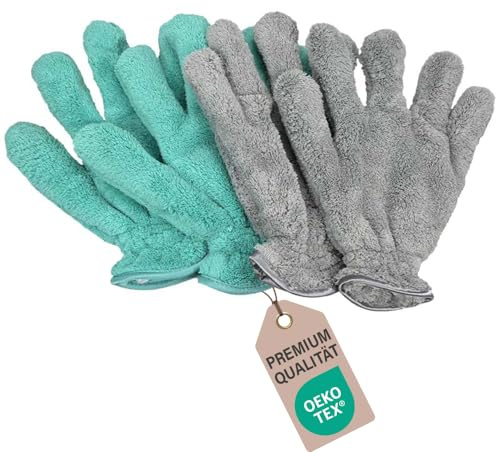 4 Stück Staubhandschuhe Türkis/Grau | 5 Finger Handschuh Microfaser Putzhandschuh | Wiederverwendbar Abstauben Reinigungshandschuhe für Auto, Küche, Bad, Möbel