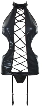 SatohomDonna Intimo Sexy in Pelle a Rete Babydoll Lingerie a Rete Body con Perizoma e Cintura per Reggicalze Chemise Traforata Teddy Outfit Push Up Camicia da Notte