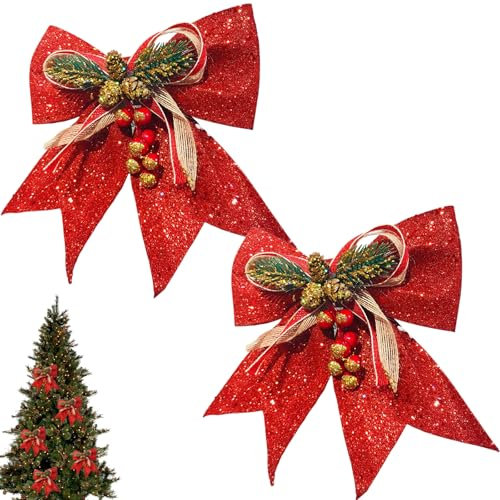 2 Stück Weihnachtsschleifen, Rote Schleifen Weihnachten, Weihnachtsschleifen Groß, Glitzer Schleifen, Weihnachtsschleifen Rot, Weihnachtsschleifen Dekoration, Weihnachtsbaumschleife(21 x 24 cm)