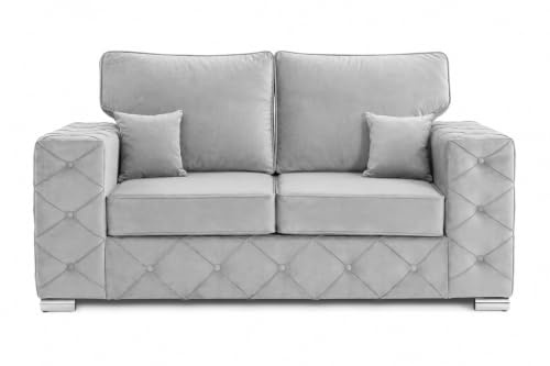 Sofahub Milton Plush Velvet 2 Seater Sofa Silver | Flat Pack Sofa in a Box with Button Tufted Design, Foam Cushion Seats, Solid Wood Frame & Chrome Feet | Compact Love Seat for Living Room, Bedroom
