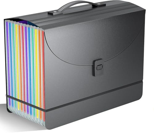 Expanding File Organiser Box File Folder with Handle,13 Pockets Filing Folders Concertina Files for Paperwork A4,Bill Receipt Paper Document Organiser for Home School Office,2X Tabs,Matte Coloured