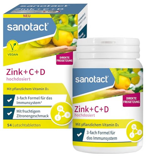 sanotact Zink+C+D hochdosiert | Zink VItamin C und D Lutschtabletten | Zitronengeschmack | Immunsystem | 54 vegane Tabletten