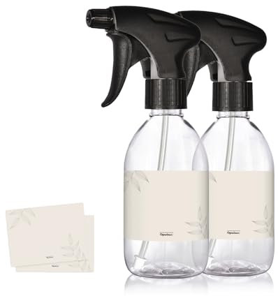 Oputec 2x 300ml Sprühflaschen aus transparentem Kunststoff zum Befüllen mit ergonomischem Sprühkopf + Etiketten – Leere Wassersprühflasche für Pflanzen, Reinigungsmittel, Haarpflege und mehr