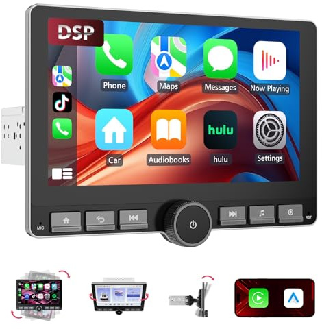Haudio 360° Rotatif Autoradio, 1 Din DSP Car Stereo, Écran IPS 10,1 avec Carplay sans Fil et Android Auto, Car Play avec Caméra Arrière, Mirror Link, Commande Vocale AM/FM/RDS avec Bouton 2+64G