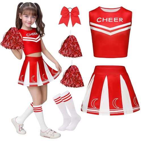 Costume da cheerleader per bambini, da cheerleader, per ragazze, da cheerleading, uniforme, con elastico per capelli, pompon e calzini da cheer leader, per bambini, costume di carnevale, Halloween