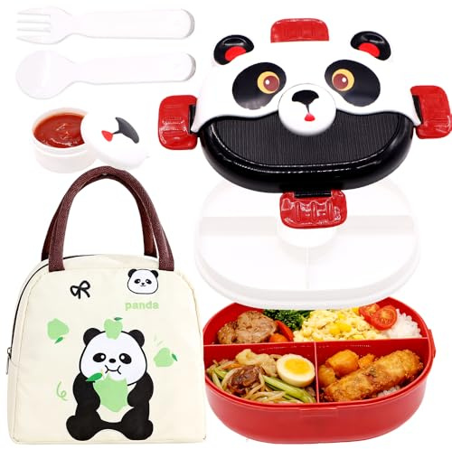 WFKKMEQ Panda Scatole Bento Kit, Porta Pranzo Lunch Box con Borsa Termica Posate Schiscetta Pranzo con Scomparti Borse Frigo Pranzos Bento Box Studente Portapranzo Portatile per Picnic Scuola Uffici