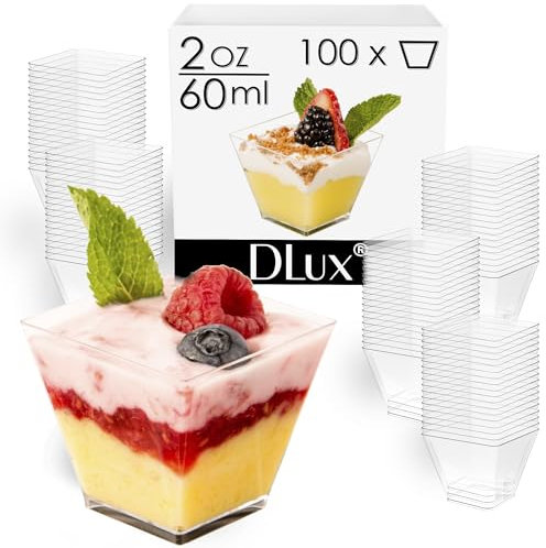 DLux Dessert Cups, 60 ml - Clear Plastic Parfait Appetizer Cups, Square Short Reusable Shot Glass Bowl for Party Desserts Appetizers - with Recipe Ebook