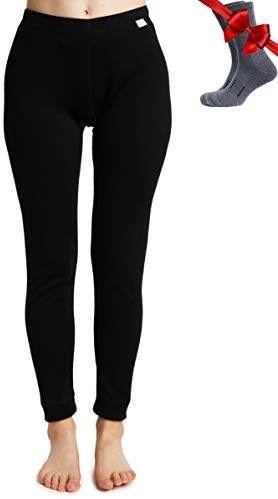 Merino Wool Base Layer Women Pants 100% Merino Wool Leggings Heavyweight, Midweight, Lite Thermal Underwear Bottom and Socks (Medium, Black)