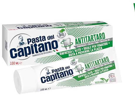 Pasta del Capitano, Dentifricio Antitartaro Bio, Dona Freschezza e Rinfresca l'Alito, Ideale per i Fumatori, Aiuta a Prevenire la Placca, 100% Made in Italy, Tubetto da 100 ml
