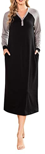 Lovasy Nightdresses for Women UK Long Sleeve Women's Nightdresses&Nightshirts Ultra Soft Nighties for Women Long Nightgowns Ladies Night Dress with Pockets,Black,M
