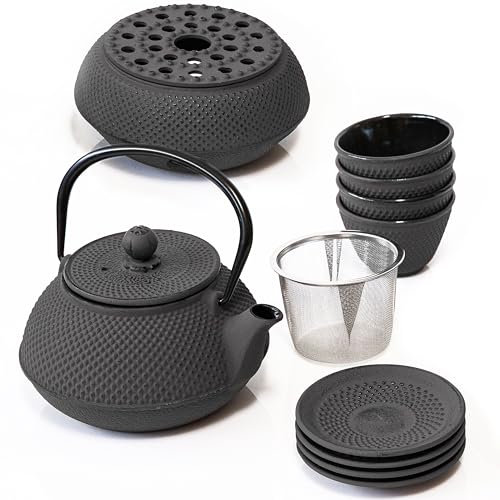 Weltbild Asia-Teekanne Gusseisen Set - Japanische Teekanne Gusseisen Set mit Untersetzer, Stövchen & 4x Becher auch als Geschenkset Tee Teekanne mit Siebeinsatz als japanisches Geschirr Tee Set grau