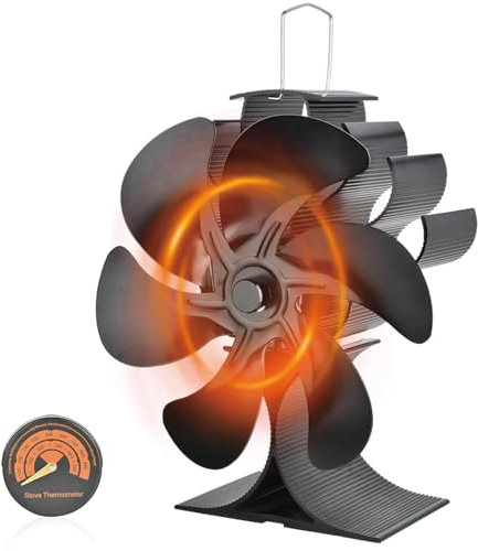 SHAVINGFUN Kaminventilator, Ofenventilator, ohne Strom, Leiser 6 Blättern, Effizienter & Wärmebetriebener Ventilator mit Thermometer für kaminofen/kamin/ofen