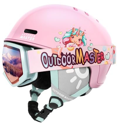 OutdoorMaster Kinder Skihelm & Skibrillenset, Snowboardhelm, Robuste PC-Schale & EPS-Schaum, Skihelm mit 12 Belüftungsöffnungen, Verstellbarer Helm, Sicherheitszertifizierte Helme für Jungen & Mädchen