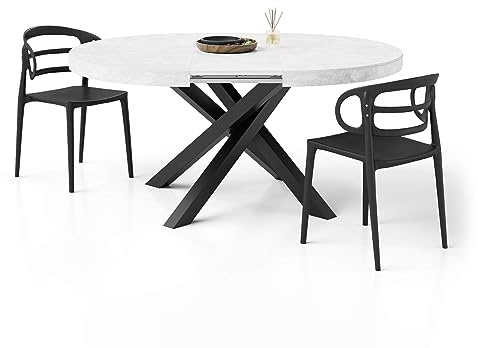 MOBILI FIVER, Table Ronde Extensible Emma, 120-160 cm, Blanc Béton avec Pieds Noirs croisés, pour 4-6 Personnes, Table Extensible pour Cuisine, Salon, Made in Italy