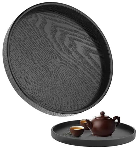Rundes Tablett Holz Rund Serviertablett: Nizirioo Holz-Serviertablett 30cm Rutschfestes Teetablett Badezimmer Tablett Anti-Überlauf-Flüssigkeit klein Deko für Café Bar Restaurant Dessert (Schwarz)