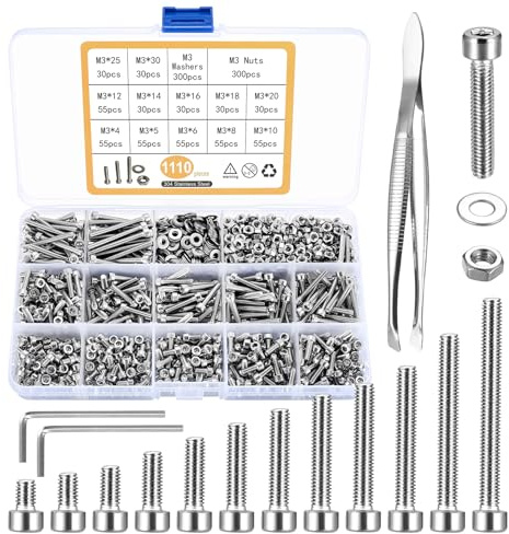 1110 Pcs M3 Small Metric Screws with Nuts, Hex Socket Head Cap and Nut Assortment Kits, Stainless Steel Replacement Machine Fastener Screws and Bolts Nuts (Silver 1110)