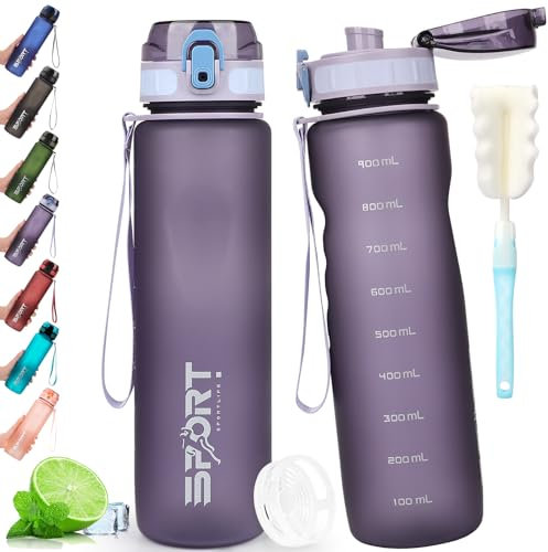 AOPREL Trinkflasche 1L Sport Trinkflasche Wasserflasche Auslaufsicher Trinkflaschen BPA Frei Sportflasche mit Kapazitätsskala für Die Outdoor, Schule, Camping