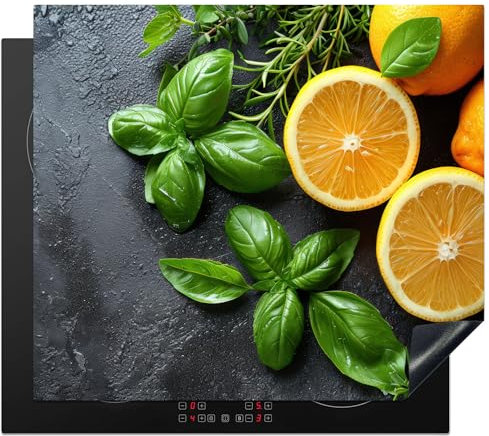 KitchenYeah© Protezione Piano Cottura Tappetino per Induzione 60x52 cm Cucina Proteggi Coprifornello Antiscivolo Frutta - Menta - Calcestruzzo - Erbe - Grigio
