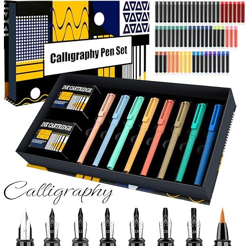 SPEFWTUP Calligraphy Set Fountain Pens with 8 Different Size Nibs and 60 Ink Cartridges(12 Colors),Calligraphy Pen Set for Beginner Writing Drawing Practice