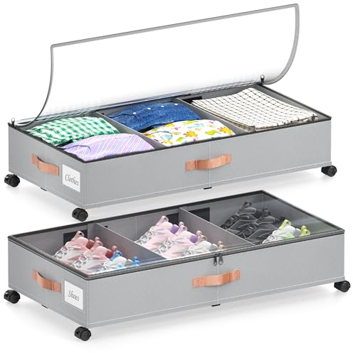 DGFCK Under Bed Storage with Wheels, 2-Pack Under Bed Storage Containers with Clear Lids, XXL 65L Under the bed storage Organizer Bins, Rolling Under Bed Metal Drawer for Clothes,Shoes,Toys (gray)