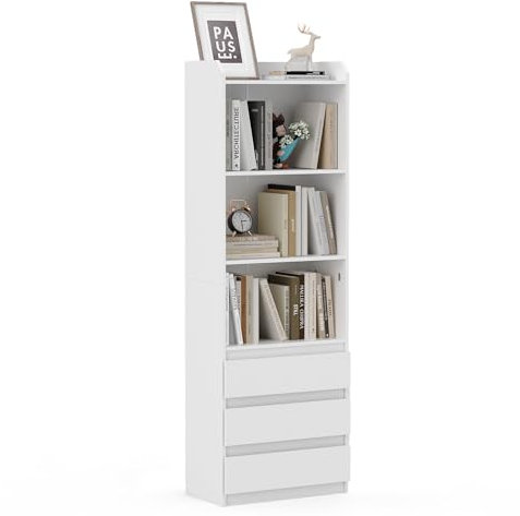 Msutree Bücherregal 180 cm, Regal mit 6 Fächern, Bücherschrank mit 3 Schubladen, Standregal, Aufbewahrungsregal, für Wohnzimmer Küche Büro Arbeitszimmer Schwarz (White)