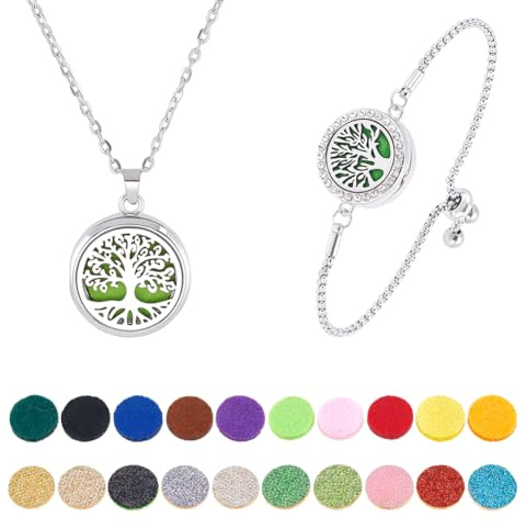 PH PandaHall - Juego de 2 pulseras para collar difusor de aceites esenciales, colgante de árbol de la vida de acero inoxidable, medallón de aromaterapia ajustable con 20 almohadillas de recarga para