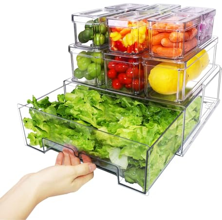 YINGRACE 10 Pack Fridge Organizer Bins, Stackable Refrigerator Organizers and Storage, With a Pull-out Large Drawer, BPA-Free Clear Containers For Fruit, Vegetable, Drinks