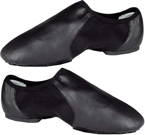 SHADOW DANCE UK - Black Slip-On Jazz Shoes Girls - Leather Ballet Shoes with Strong Elastic - Rubber & Suede Split Sole for Dance and Gymnastics (5 UK)